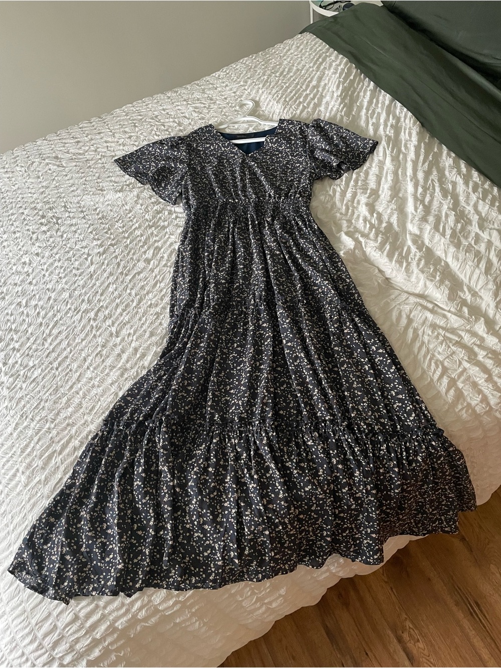 Mikarose dark blue maxi dress with tan and brown floral pattern